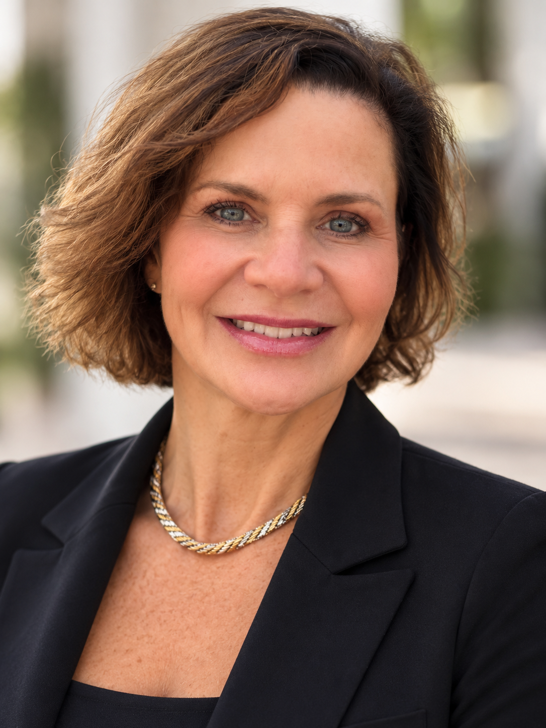 A woman with short brown hair and a black blazer smiles at the camera
