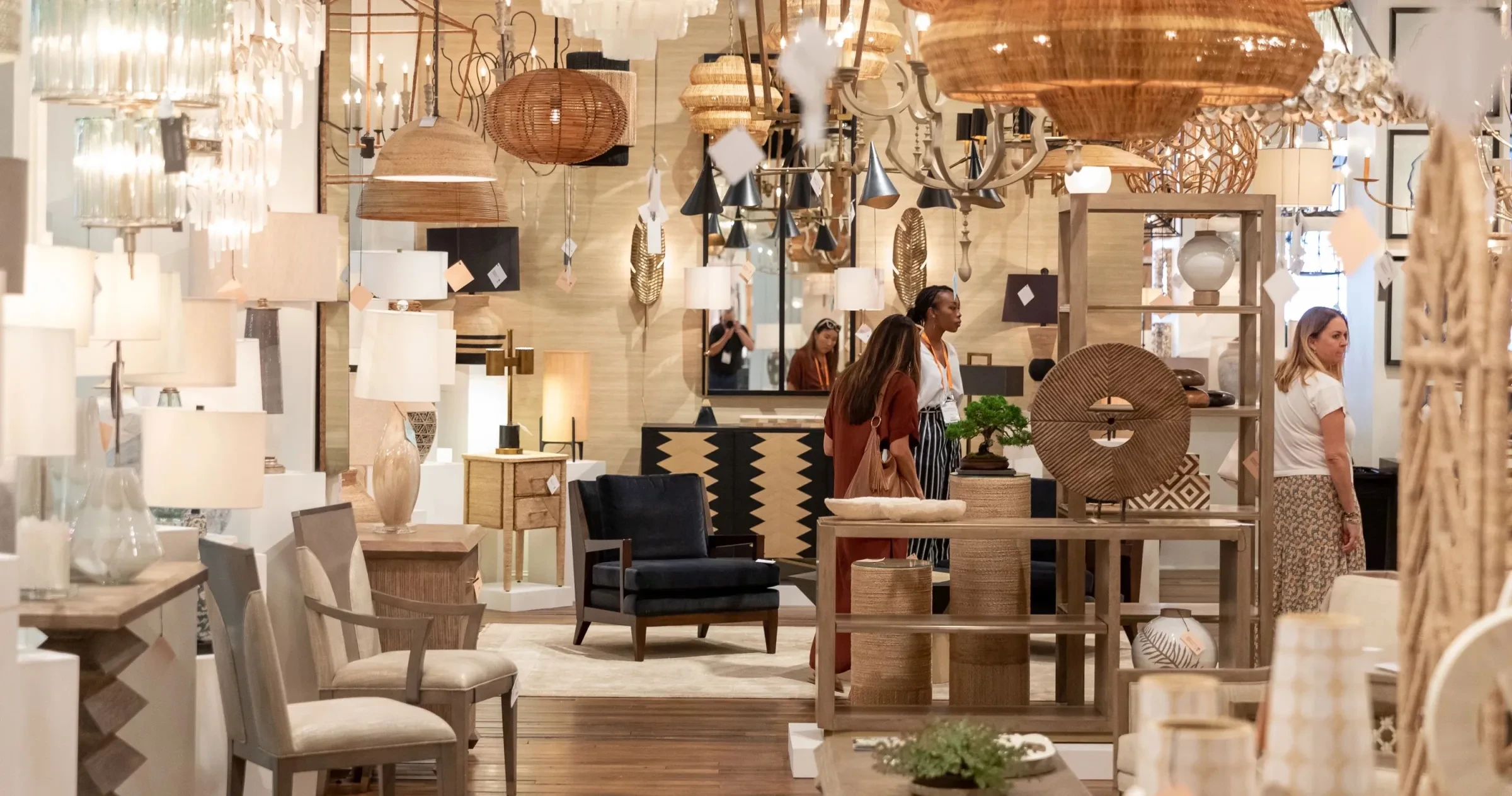 Layers of trendy home furnishings adorn the trade halls of the High Point Furniture Market.
