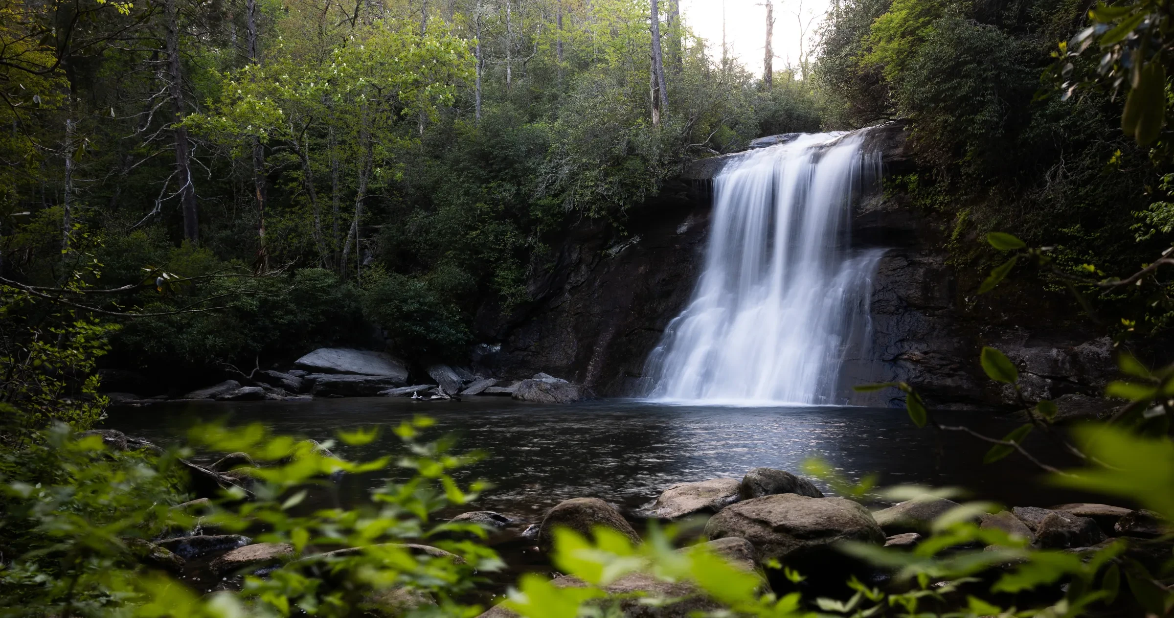 A moody image of the cascades of Silver Run Falls in Cashiers