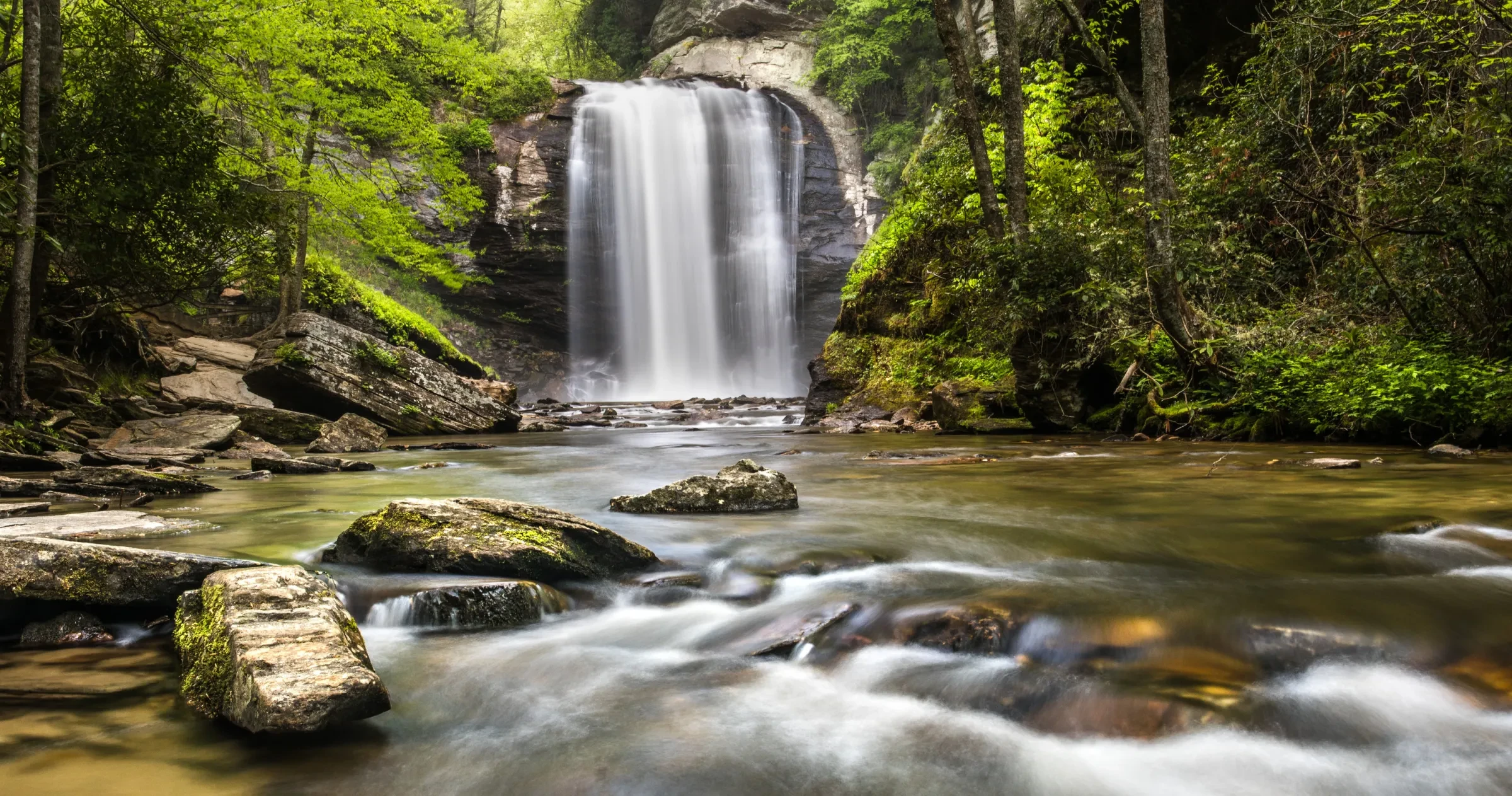 Looking Glass Falls cascading into stream in Pisgah National Forest.
