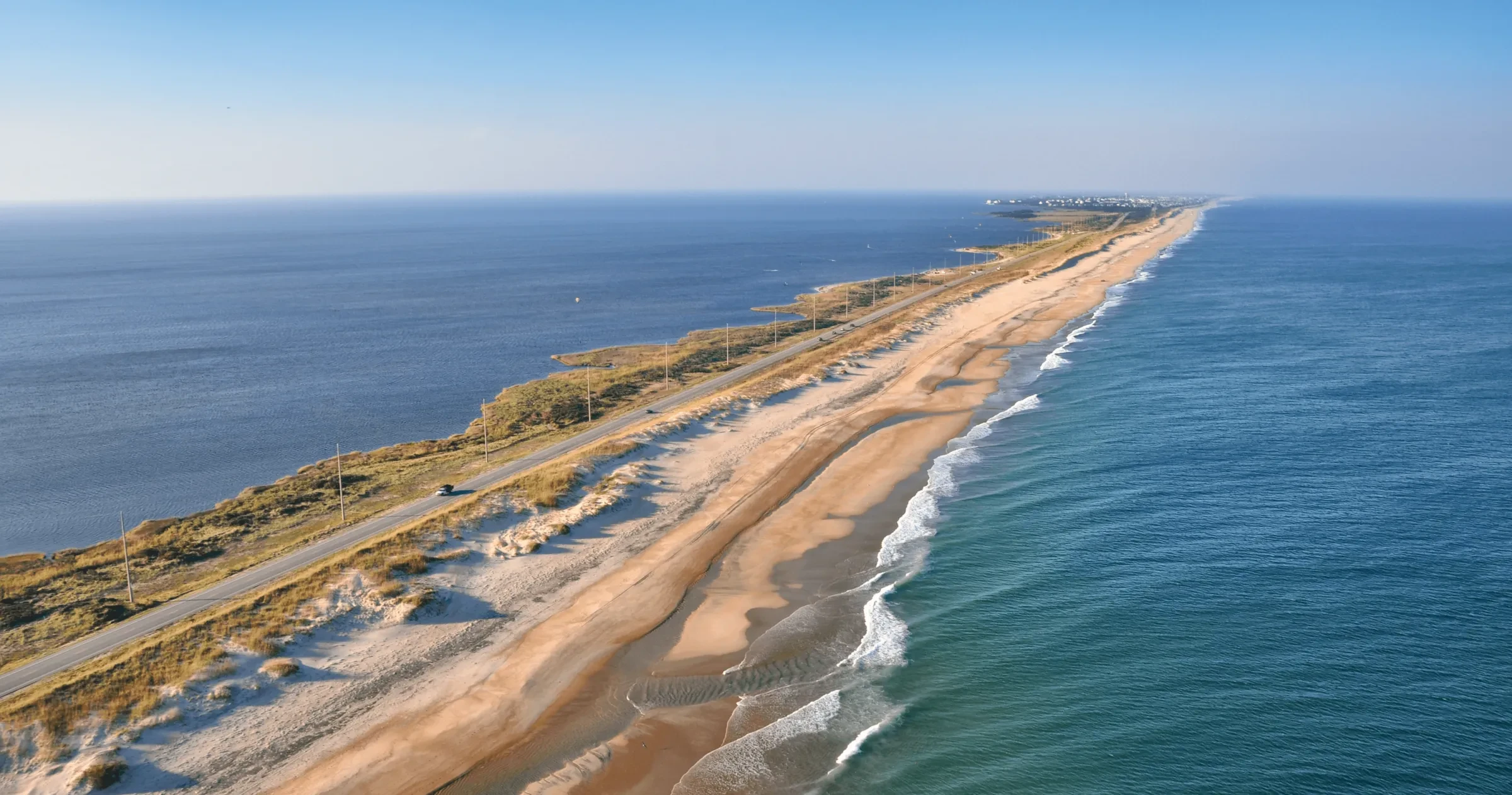 Aerial of Highway 12 on the Outer Banks surrounded by sound and water