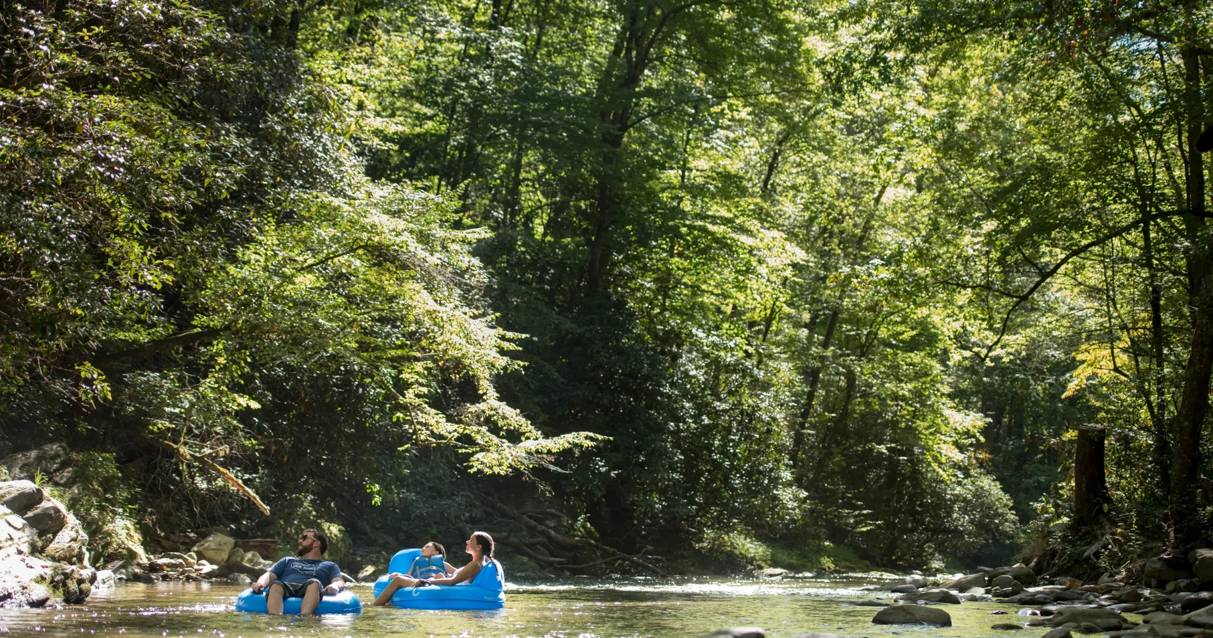 Family tubing down river surrounded by green trees