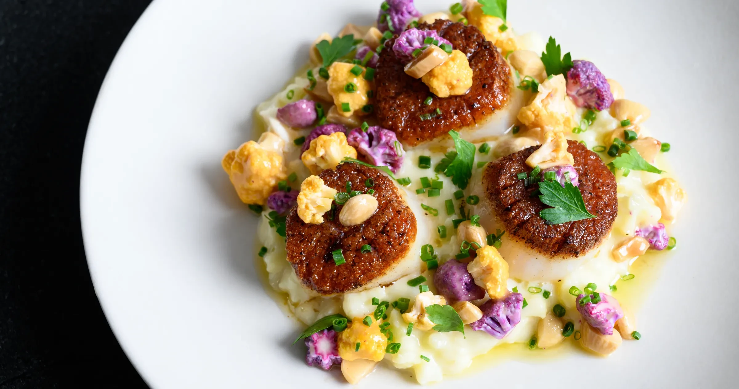Closeup of plate of seared scallops and grits on table.