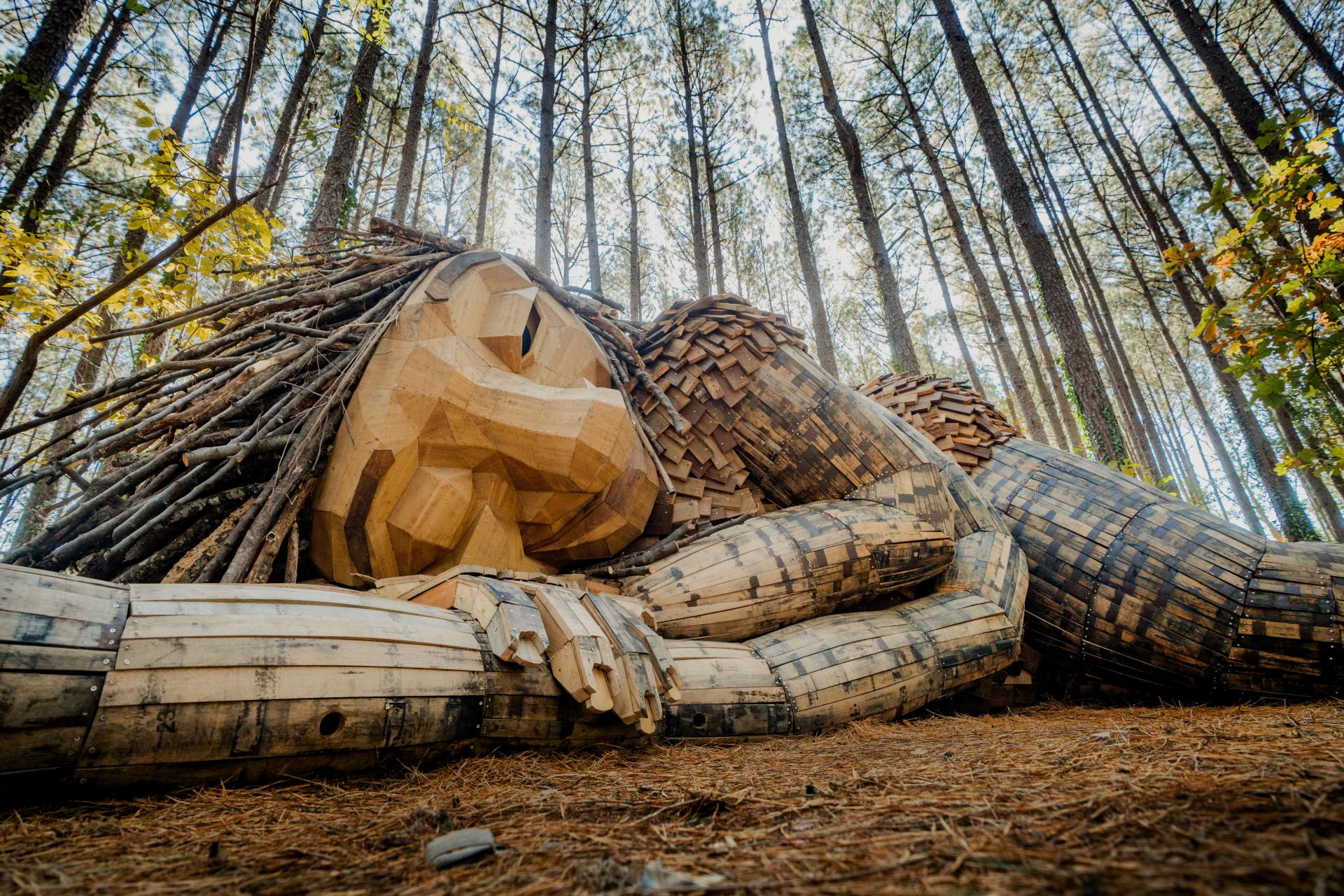 Mother Strongtail, a troll sculpture by Thomas Dambo reclines in a pine grove in Dix Park