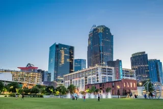 Uptown Charlotte skyline at dusk.