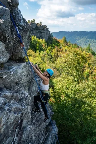 Vertical shot of woman actively rock climbing cliff with trees and more mountains in background.