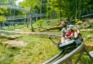 Dad and child riding alpine coaster through green foliage during daytime