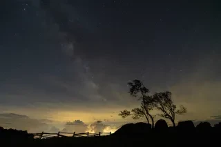 Milky Way stars bright above trees along Blue Ridge Parkway.