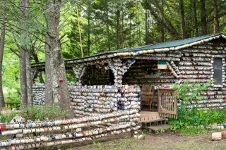 A rustic wooden cabin in a forest is decorated with hundreds of colorful mugs and cups covering its walls, railing, and fence. Thick green trees surround the cabin, and a small wooden staircase leads to the entrance.