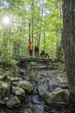 Three hikers stop to take a moment on a bridge by a stream in Birkhead Wilderness, part of Uwharrie National Forest