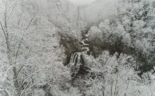 Cullasaja Falls peaking through icy trees in winter in Nantahala National Forest.