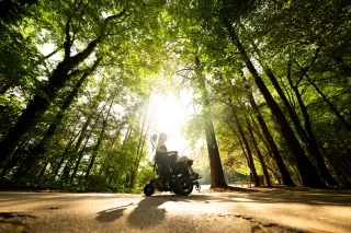 A woman in a motorized wheelchair moves along a paved trail at Jetton Park, Lake Norman, framed by towering trees and golden sunlight filtering through the leaves.