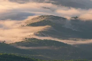 A moody view of low clouds and fog from Grandfather Mountain over the Blue Ridge Parkway