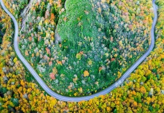 Aerial view of highway 215 in Pisgah National Forest during fall color