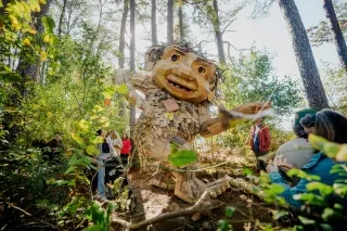 A sculptural troll by Thomas Dambo is whimsically placed among the trees of Dix Park in Raleigh.