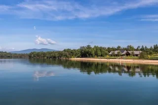 Lake James State Park shoreline with trees in distance.