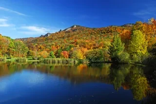 Mountains of fall foliage lining lake near Banner Elk during daytime.