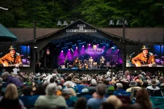 Band performing on stage under purple lights with large screens on both sides, trees in background and crowd in foreground